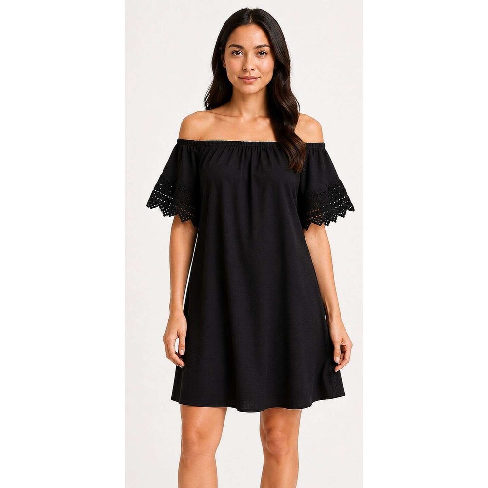 Lapis Large 12 Black Knit Lace Trimmed Angel Sleeves Full Cut Knee Length Dress